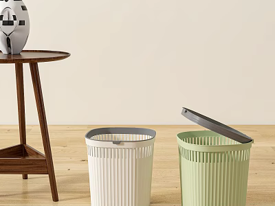Household Items White And Light Green Ribbed Trash Cans With Lids And Small Wooden Table 3d model