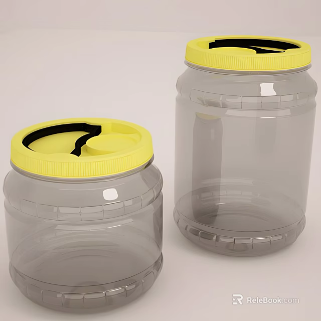 Transparent Plastic Storage Jars With Yellow Lids And Black Handles For Home Use 3d model 
