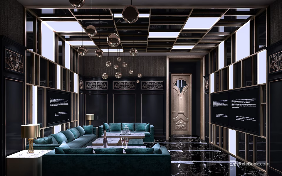 Modern KTV Lounge Interior With Teal Sofas Chandeliers And Decorative Walls 3d model