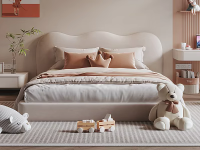 Cozy Kids Bed With Curved Headboard Crown Pillow And Stuffed Teddy Bear 3d model