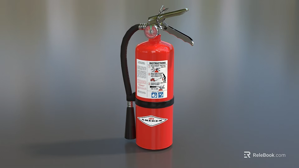 Red Fire Extinguisher With Safety Label And Hose For Fire Protection 3d model 