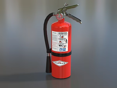Red Fire Extinguisher With Safety Label And Hose For Fire Protection 3d model