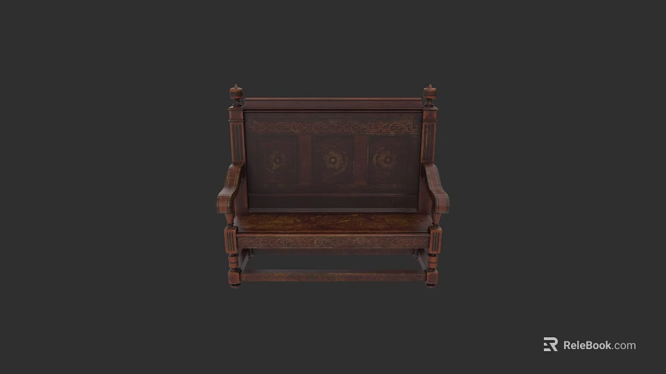 Dark Wood Carved Bench With Ornate Backrest Armrests And Decorative Details 3d model 