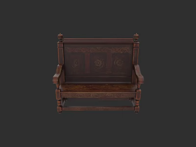 Dark Wood Carved Bench With Ornate Backrest Armrests And Decorative Details 3d model