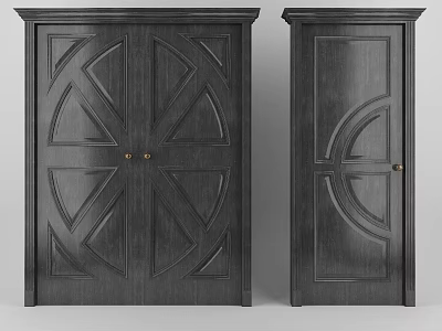 Classic Dark Wooden Double Doors With Intricate Geometric Carvings And Brass Handles 3d model