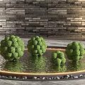Hanging Landscape Sculpture With Golden Metal Frame Green Spherical And Small Plants Against Stone Wall