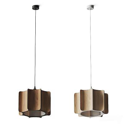 Two Minimalist Modern Oak Wooden Pendant Lights With Layered Sculptural Design 3d model