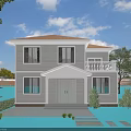 Two Story Detached Villa Light Gray Exterior Beige Roof White Frames Green Lawn Stone Path