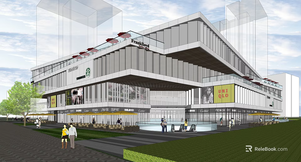 Modern Commercial Complex With Glass Facade Retail Stores Outdoor Plaza Fountain And Greenery 3d model 