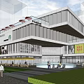 Modern Commercial Complex With Glass Facade Retail Stores Outdoor Plaza Fountain And Greenery