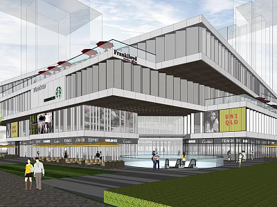 Modern Commercial Complex With Glass Facade Retail Stores Outdoor Plaza Fountain And Greenery 3d model