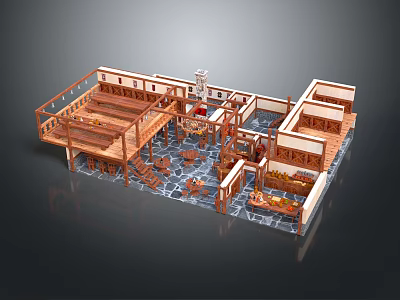 Cartoon Scene Of Wooden Interior With Tables Chairs Railings Stone Floor And Decorative Plants 3d model