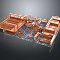 Cartoon Scene Of Wooden Interior With Tables Chairs Railings Stone Floor And Decorative Plants