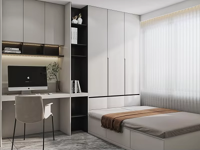 Modern Minimalist Tatami Bedroom Interior With Desk Computer Bookshelf And White Cabinets 3d model