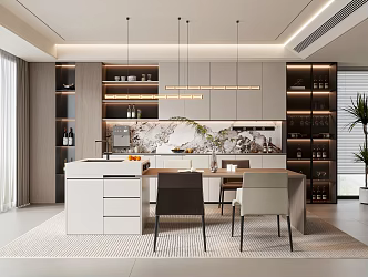 Island Table Restaurant Island Table Dining Chair Long Strip Chandelier Refrigerator Direct Drinking Machine Green Plant Mobile Socket 3d model