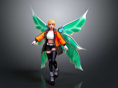 Fantasy Fairy Character Design With Green Wings Orange Jacket White Top And Black Boots 3d model