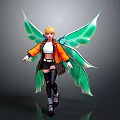 Fantasy Fairy Character Design With Green Wings Orange Jacket White Top And Black Boots