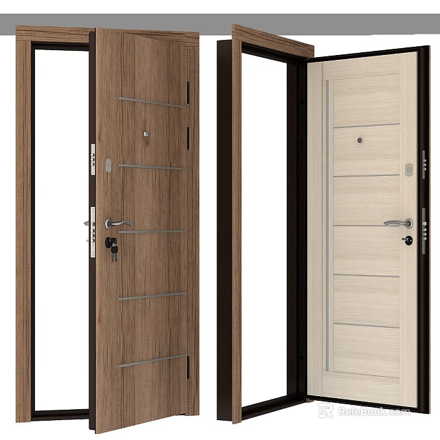 Modern Security Doors With Wooden Texture And Beige Panels Safety Locks And Metal Handles 3d model 