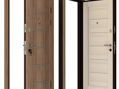 Modern Security Doors With Wooden Texture And Beige Panels Safety Locks And Metal Handles 3d model
