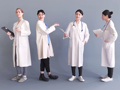 Group of Medical Professionals in White Coats Standing in Various Poses Holding Clipboards and Stethoscopes 3d model