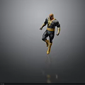 Muscular Superhero In Black Yellow Costume With Lightning Symbol On Chest Walking Against Gray Background