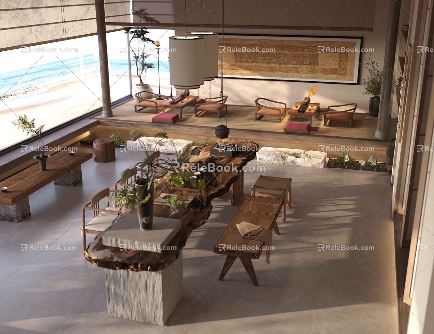 New Chinese Zen Teahouse Chinese Tea Room Tea Tasting Area Club Tea Room Solid Wood Tea Table and Chair Tatami Tea Table and Chair 3d model