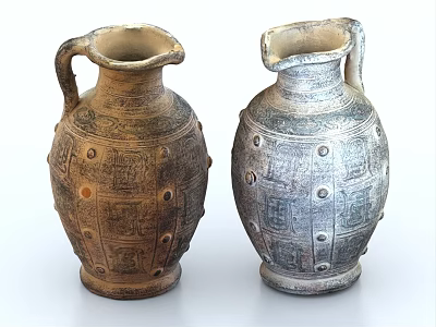 Two Ancient Ceramic Vessels With Carved Patterns And Rivet Like Decorations 3d model
