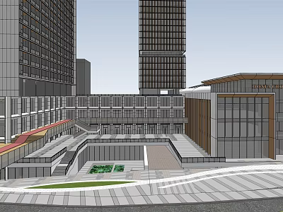Modern Office Building Exterior With Tall Skyscrapers Open Plaza And Greenery 3d model