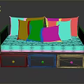 Stylish Sofa Bed With Colorful Cushions Blue Mattress Black Frame And Gold Knob Drawers