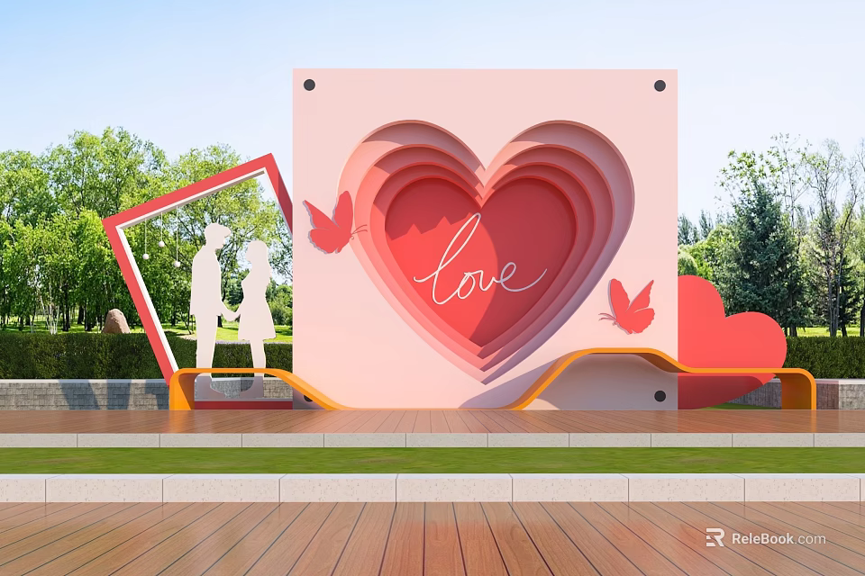 Outdoor Love Themed Decor With Pink Heart Red Frame Couple Silhouettes And Butterflies 3d model 