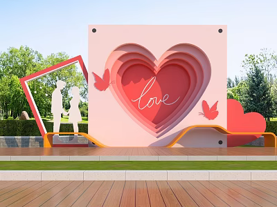Outdoor Love Themed Decor With Pink Heart Red Frame Couple Silhouettes And Butterflies 3d model