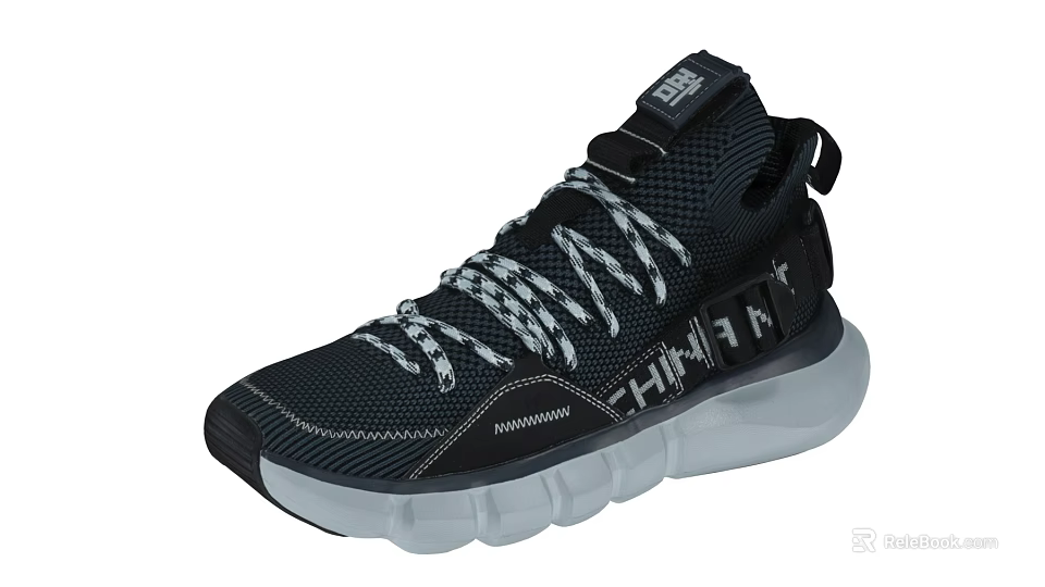 Black High Top Sporty Shoes With White Laces Mesh Material And Transparent Sole 3d model 