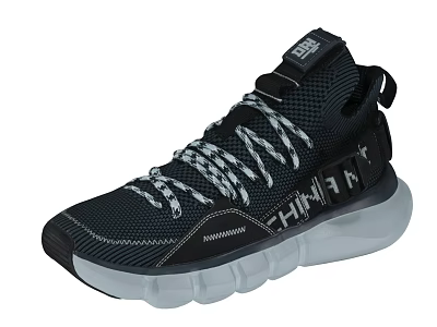 Black High Top Sporty Shoes With White Laces Mesh Material And Transparent Sole 3d model