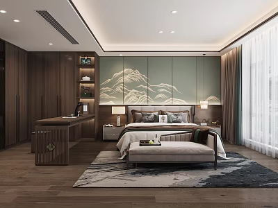 Modern Bedroom Interior Design With Wooden Furniture Mountain Pattern Wall And Area Rug 3d model