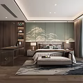 Modern Bedroom Interior Design With Wooden Furniture Mountain Pattern Wall And Area Rug