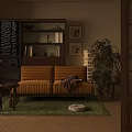 Cozy Study Room Interior With Yellow Striped Sofa Bookshelf Wall Art And Green Rug