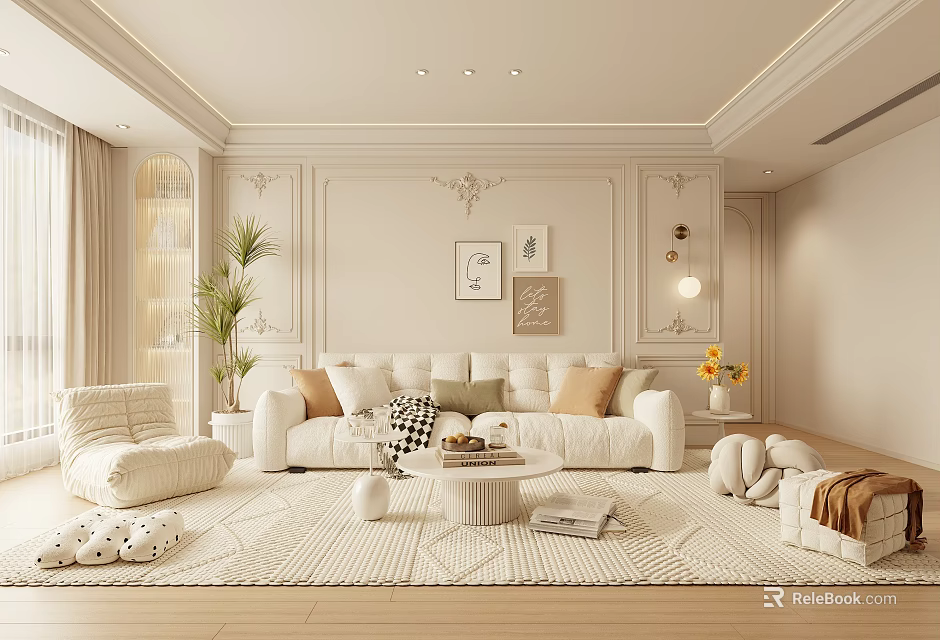 Modern Minimalist Living Room Interior With White Sofa Beige Walls Rug And Wooden Floors 3d model 