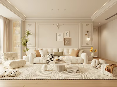 Modern Minimalist Living Room Interior With White Sofa Beige Walls Rug And Wooden Floors 3d model