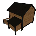 Wooden Dog House With Black Roof And Small Table With Bowls