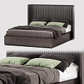 Modern Double Bed With Vertical Striped Headboard Dark Brown Frame And Green Pillows