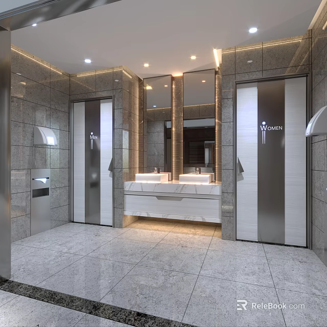 Modern Public Restroom With Gender Separated Sections Marble Sink Counter Mirrors Tiled Walls And Lighting 3d model 