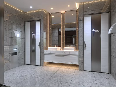 Modern Public Restroom With Gender Separated Sections Marble Sink Counter Mirrors Tiled Walls And Lighting 3d model