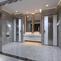 Modern Public Restroom With Gender Separated Sections Marble Sink Counter Mirrors Tiled Walls And Lighting