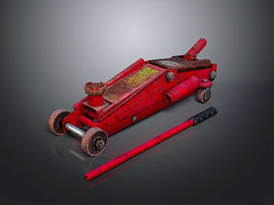 Red Hydraulic Car Jack with Handle and Wheels for Automotive Repair Tasks 3d model