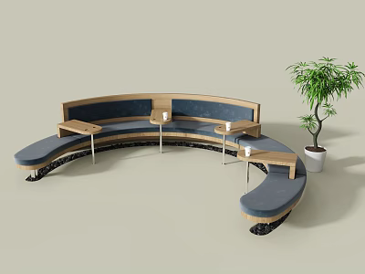 Curved Public Seating with Wooden Frame Blue Cushions Small Tables and Green Plant in Lounge 3d model