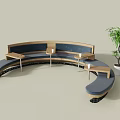 Curved Public Seating with Wooden Frame Blue Cushions Small Tables and Green Plant in Lounge