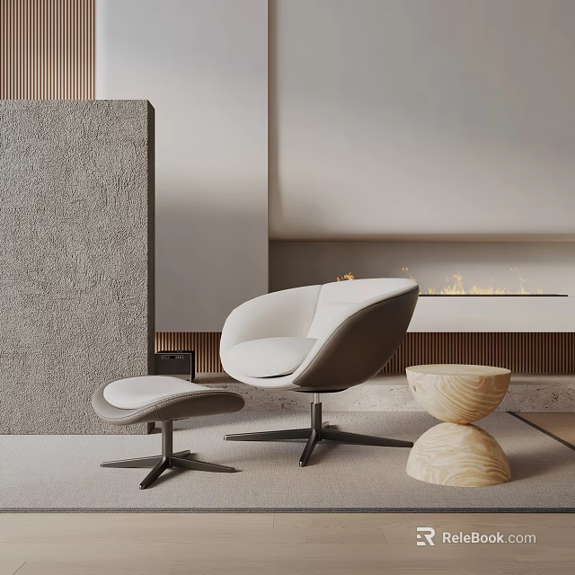 Modern Accent Chair With Ottoman And Wooden Stool In Cozy Interior Near Fireplace 3d model 