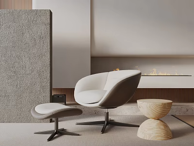 Modern Accent Chair With Ottoman And Wooden Stool In Cozy Interior Near Fireplace 3d model