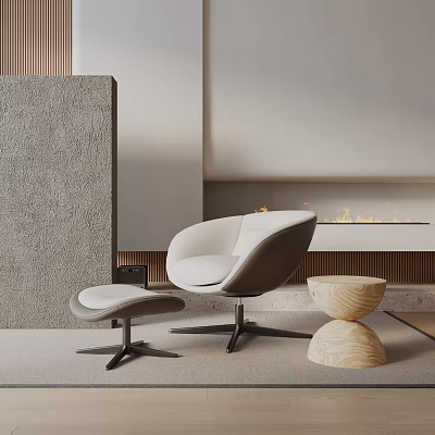 Modern Accent Chair With Ottoman And Wooden Stool In Cozy Interior Near Fireplace 3d model