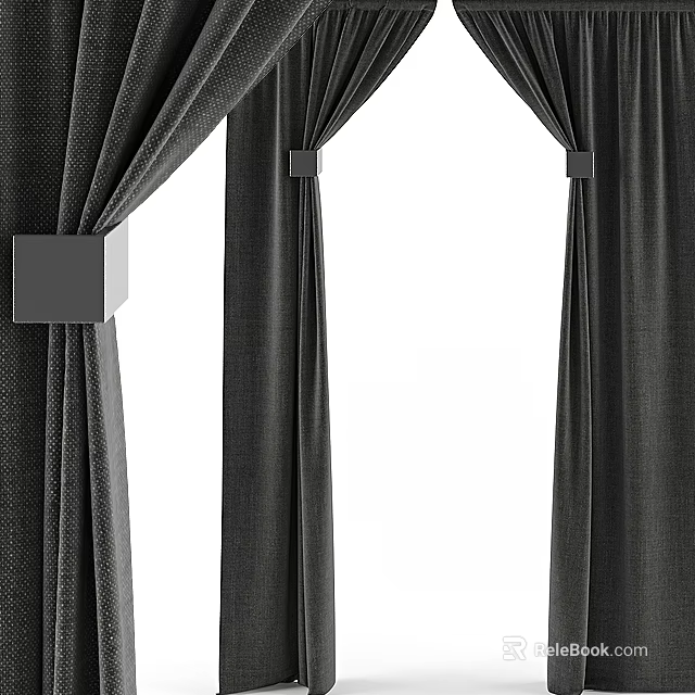 Gray Fabric Curtains with Square Metal Holdbacks in Modern Home Interior 3d model 